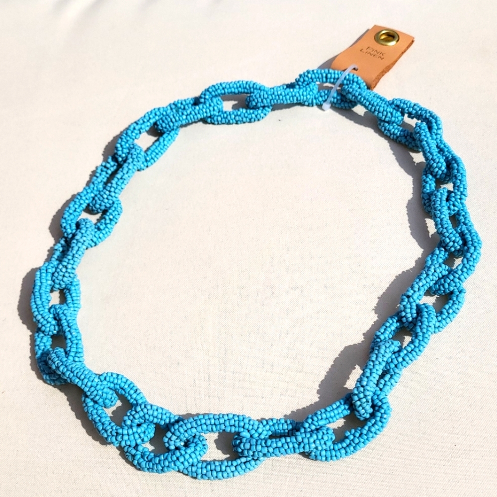 🆕 Pink Linen Boho Blue Hand beaded Seed Bead Chain Link Statement Neckla